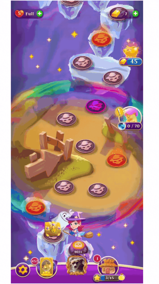 Sự kiện Đánh Thức Cây trong Bubble Witch Saga 3. Tham gia một đội gồm 3 người chơi, thu thập các ô hoa và chia sẻ phần thưởng với những người đã giúp đỡ