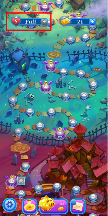 Bubble Witch Saga 3 game map with levels 50-79, ghostly trees, and a mansion. A '5 Full' Lives indicator is highlighted in red.