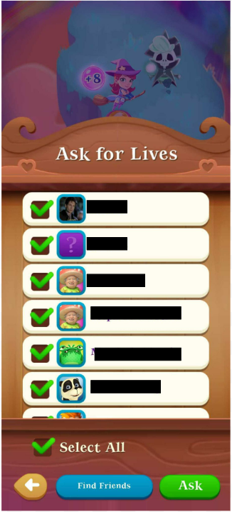  'Ask for Lives' pop-up screen in Bubble Witch Saga 3.In the background, Stella is holding a '+8' bubble next to a Morgana. Below, a list of friend avatars with checkmarks indicates selections. At the bottom, there are options to 'Select All' and 'Ask', along with a 'Find Friends' button."