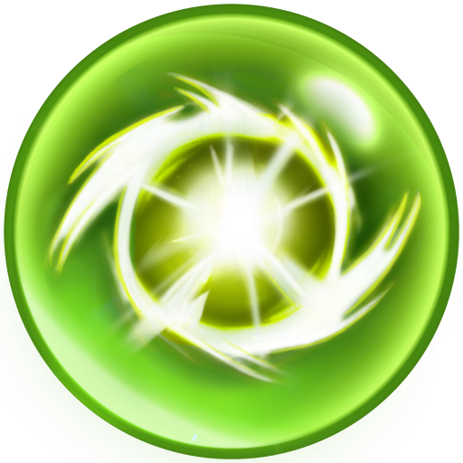 Glinsterexplosie, een groene bubbel met een gloeiende witte steruitbarsting in het midden, omringd door wervelende witte bogen.