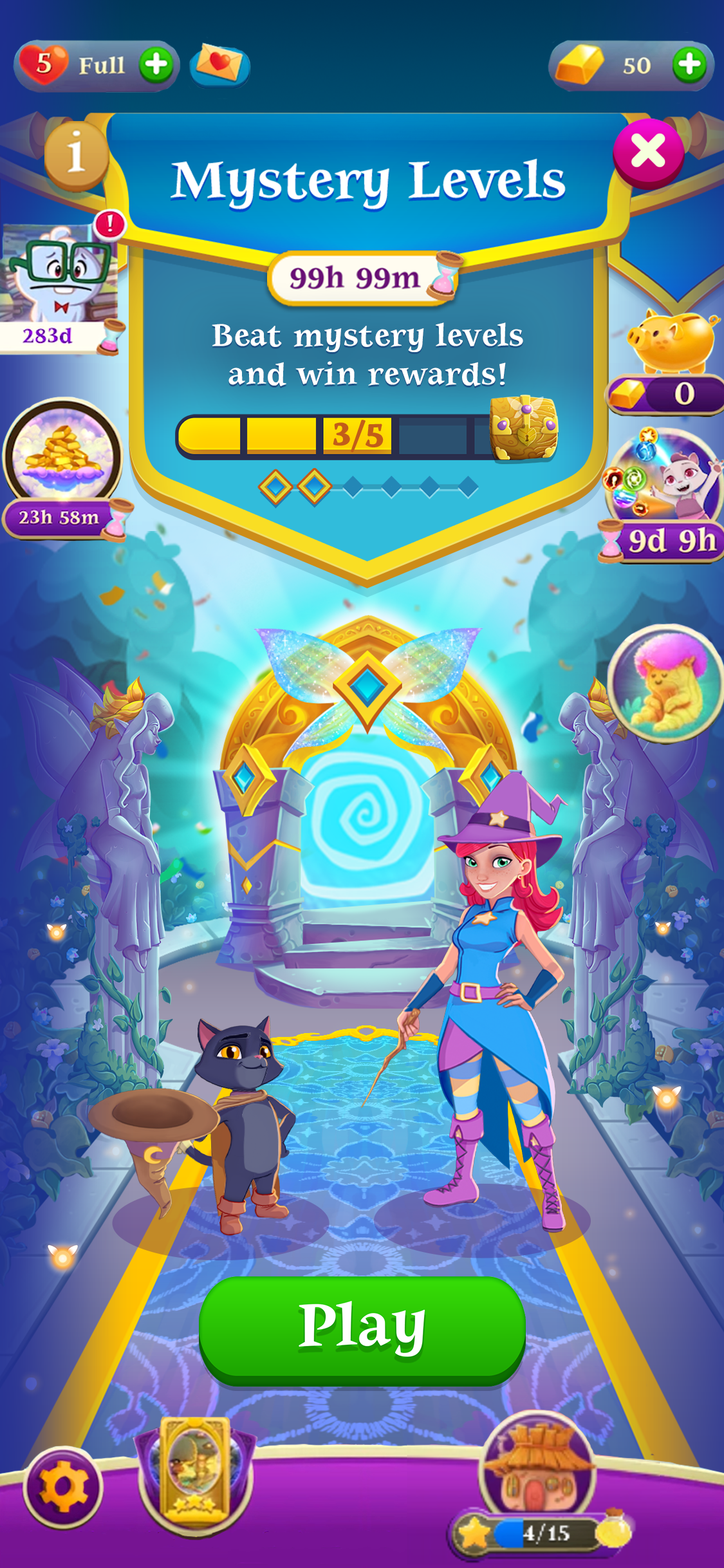 Colorful Bubble Witch Saga event screen for “Mystery Levels,” showing progress at 3/5, a timer, reward icons, and a large green Play button. Stella the witch and Nero the cat stand in front of a glowing magical portal.